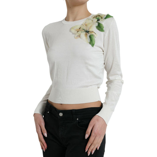 Dolce & Gabbana Silk Floral Applique Pullover Sweater Dolce & Gabbana Gray
