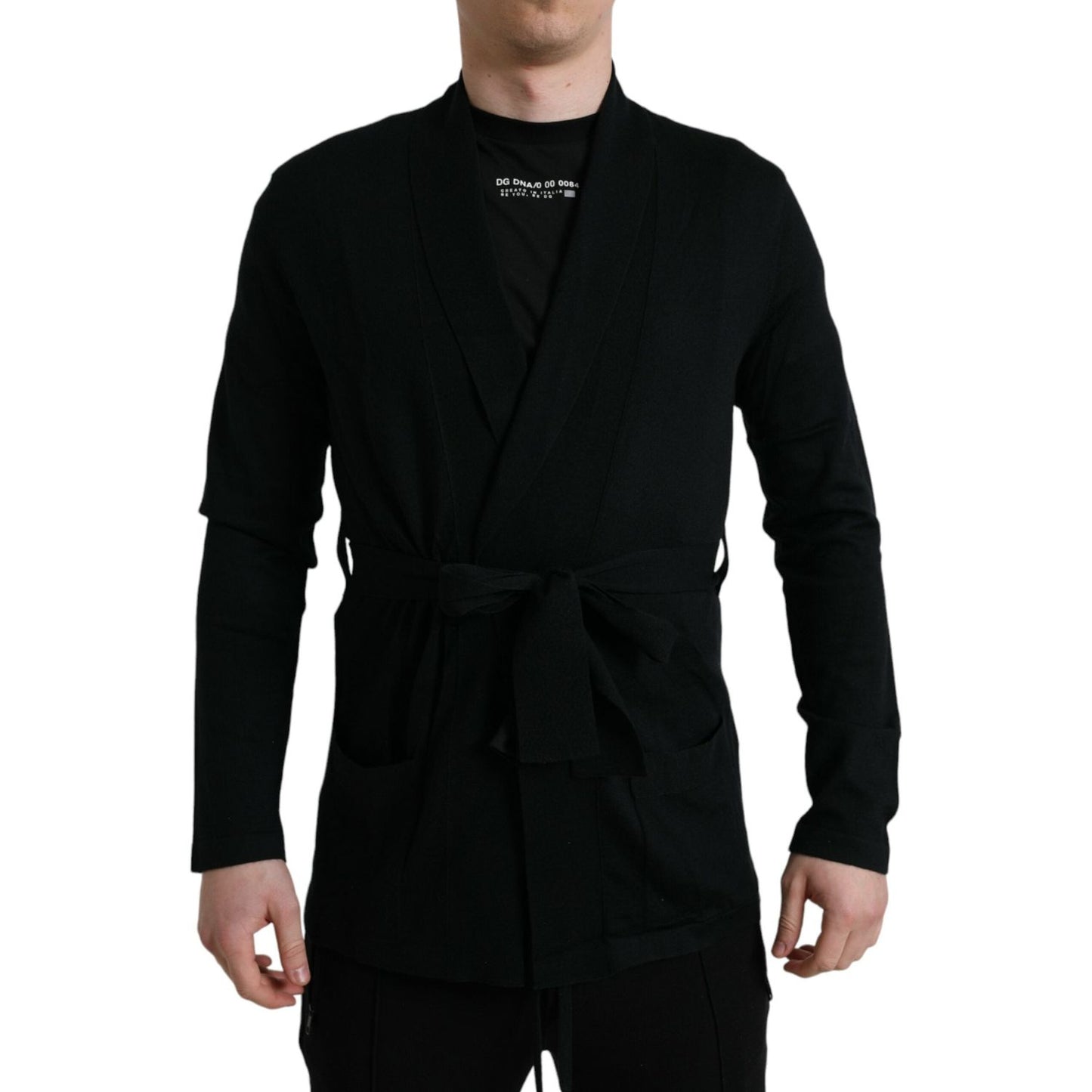 Dolce & Gabbana Black Cashmere Long Sleeves Belted Wrap Robe