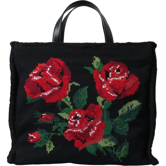 Dolce & Gabbana Chic Embroidered Floral Black Tote Dolce & Gabbana Black