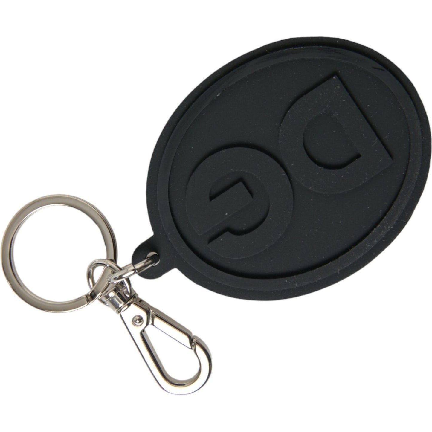 Dolce & Gabbana Black Rubber DG Logo Silver Brass Metal Keyring Keychain