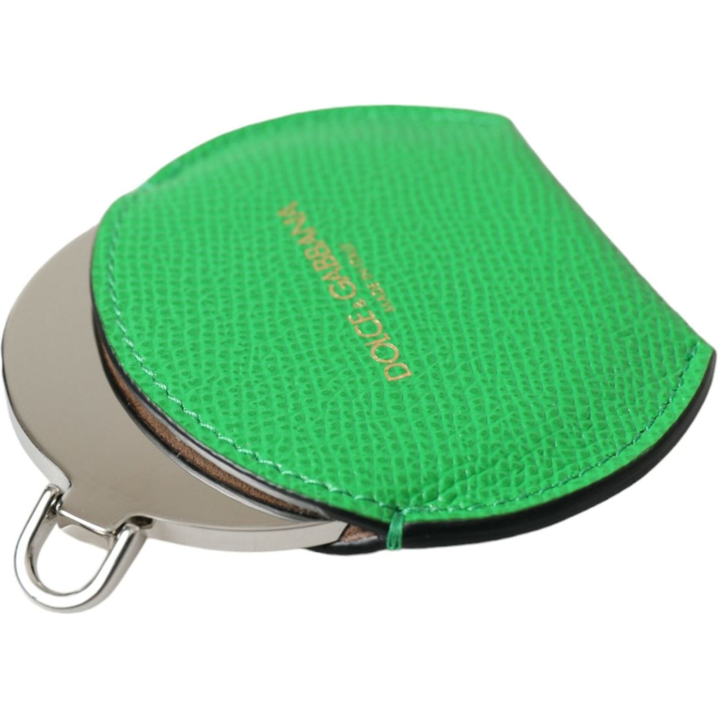 Dolce & Gabbana Green Calfskin Leather Round Logo Hand Mirror Holder