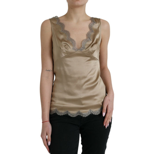 Dolce & Gabbana Elegant V-Neck Sleeveless Lace Trim Top Dolce & Gabbana Rosy Brown