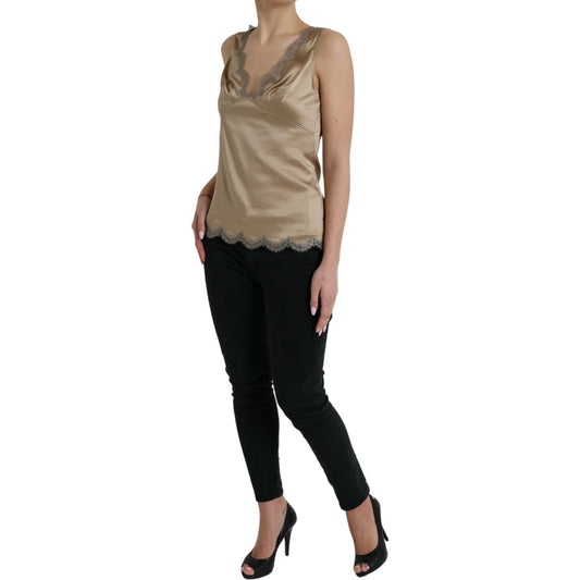 Dolce & Gabbana Elegant V-Neck Sleeveless Lace Trim Top Dolce & Gabbana Dim Gray