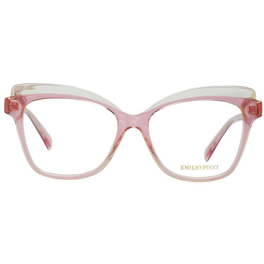 Emilio Pucci Pink Women Glasses Frame in rose plastic, full-rim butterfly style with demo lenses, size 54-16-140, includes branded case.