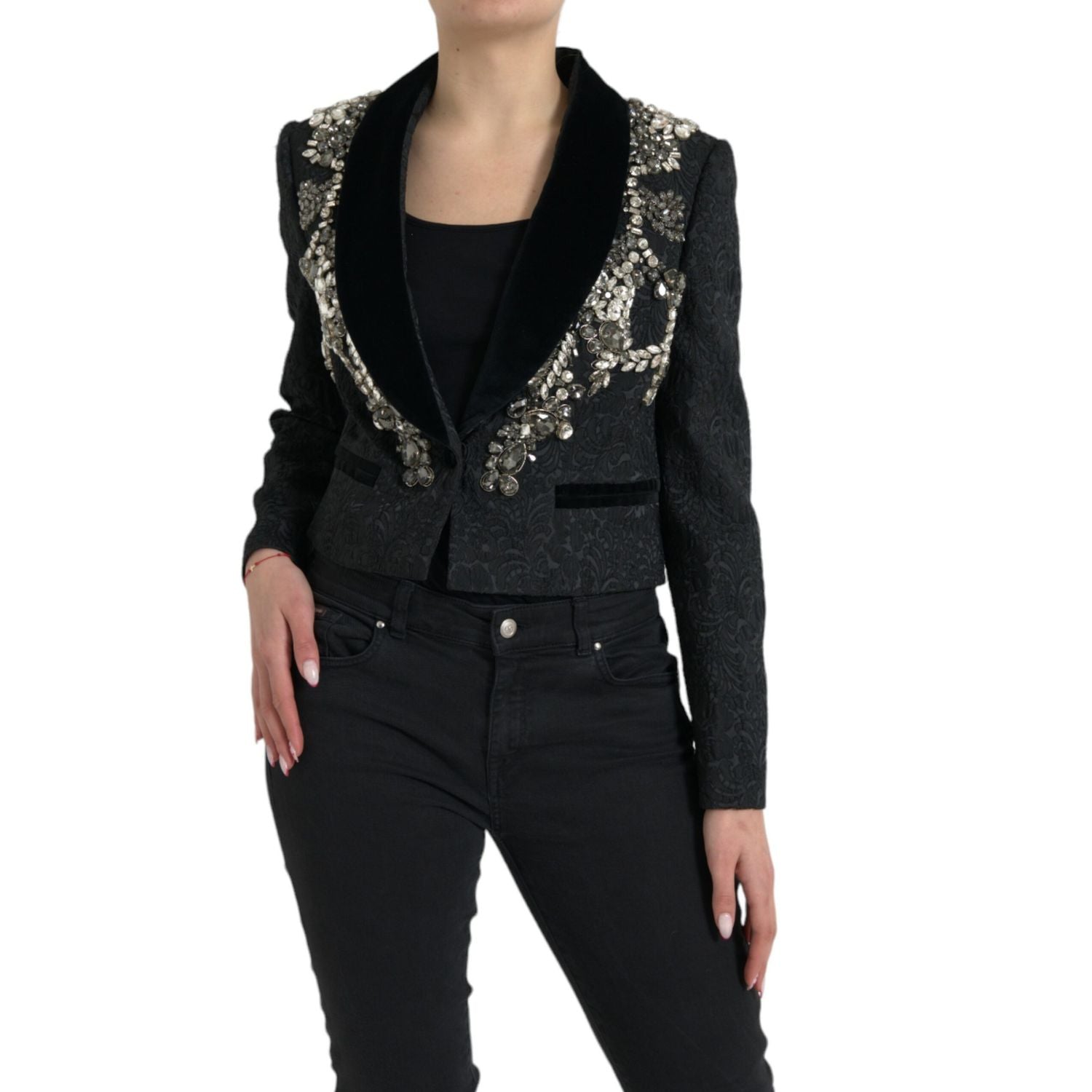 Dolce & Gabbana Black Crystal Embellished Overcoat Jacket