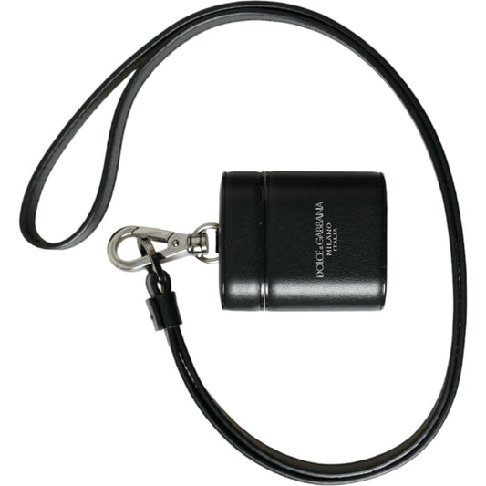 Dolce & Gabbana Black Leather Strap Silver Metal Logo Printed Airpods Case Dolce & Gabbana Black