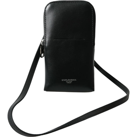 Dolce & Gabbana Black Leather Zip Around Logo Print Lanyard Strap Wallet Dolce & Gabbana Black