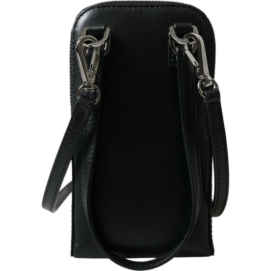 Dolce & Gabbana Black Leather Zip Around Logo Print Lanyard Strap Wallet Dolce & Gabbana Black