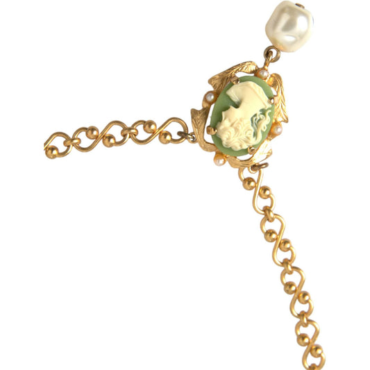 Dolce & Gabbana Gold Brass Chain Pearl Pendant Charm Necklace Necklace Dolce & Gabbana Tan
