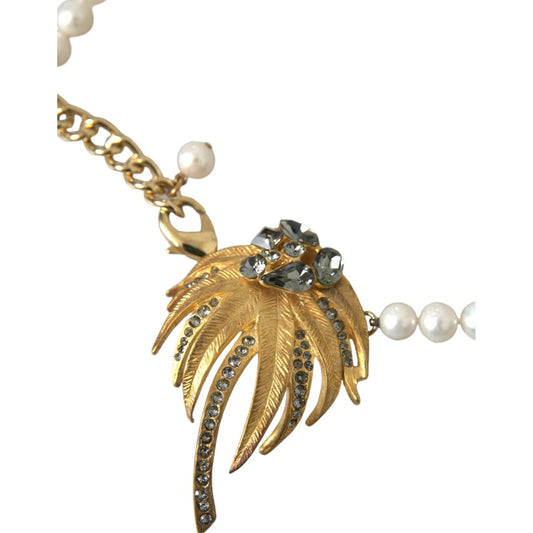 Dolce & Gabbana Gold Brass Crystal Pearl Tree Pendant Charm Necklace Necklace Dolce & Gabbana Dim Gray