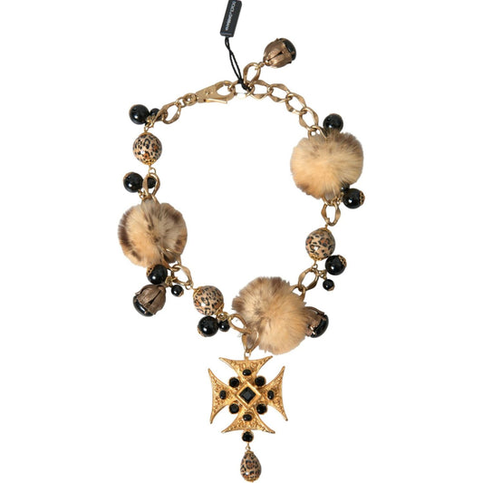 Dolce & Gabbana Gold Black Crystals Lapin Fur Filigree Chocker Necklace Necklace Dolce & Gabbana Rosy Brown