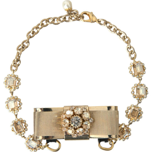 Dolce & Gabbana Gold Brass Clear Crystal Bow Chain Choker Necklace Necklace Dolce & Gabbana Rosy Brown