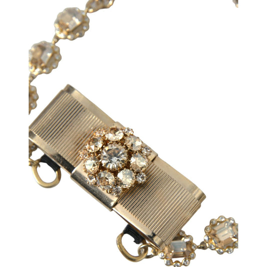 Dolce & Gabbana Gold Brass Clear Crystal Bow Chain Choker Necklace Necklace Dolce & Gabbana Rosy Brown