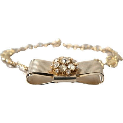 Dolce & Gabbana Gold Brass Clear Crystal Bow Chain Choker Necklace Necklace