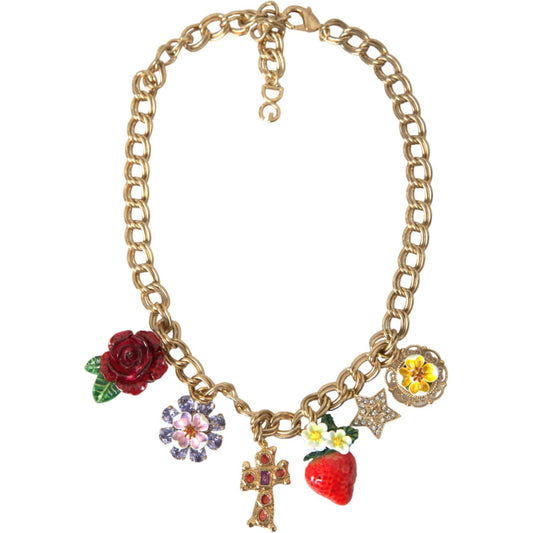 Dolce & Gabbana Gold Chain Rose Cross Strawberry Star Pendant Necklace Necklace Dolce & Gabbana Rosy Brown