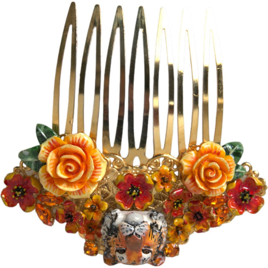 Dolce & Gabbana Gold Brass Crystal Leopard Floral Hair Comb Dolce & Gabbana Sienna