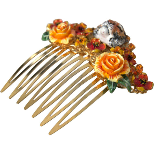 Dolce & Gabbana Gold Brass Crystal Leopard Floral Hair Comb Dolce & Gabbana Dark Khaki