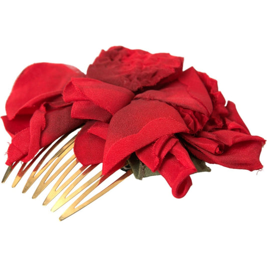 Dolce & Gabbana Red Silk Floral Gold Brass Women Hair Comb Dolce & Gabbana Firebrick