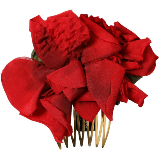 Dolce & Gabbana Red Silk Floral Gold Brass Women Hair Comb Dolce & Gabbana Firebrick