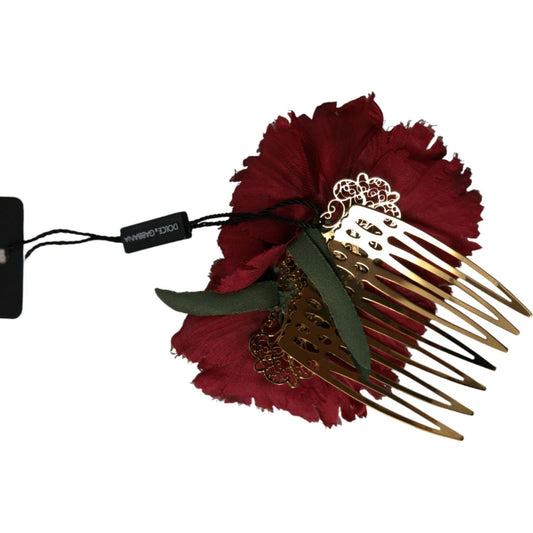 Dolce & Gabbana Red Silk Floral Gold Brass Women Hair Comb Dolce & Gabbana Black