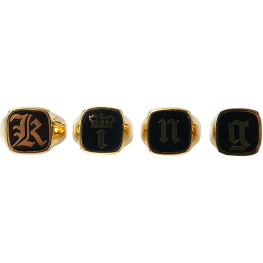 Dolce & Gabbana Gold Brass KING Enamel Set of 4 Ring Ring Dolce & Gabbana Black