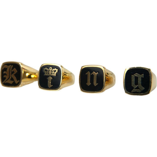 Dolce & Gabbana Gold Brass KING Enamel Set of 4 Ring Ring Dolce & Gabbana Tan