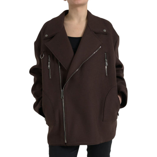 Dolce & Gabbana Brown Coat Short Biker Wool Jacket Dolce & Gabbana Dark Slate Gray
