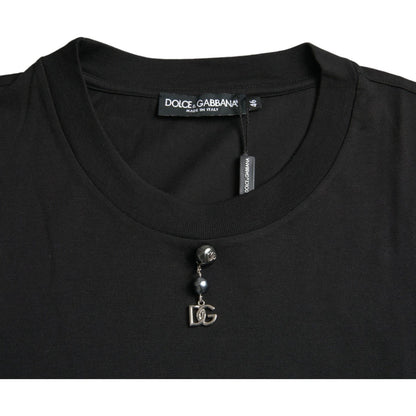 Dolce & Gabbana Black Embellished Cotton Crew Neck T-shirt