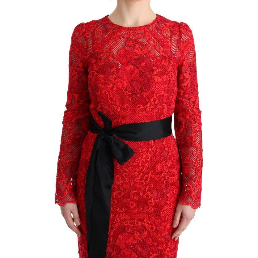 Dolce & Gabbana Elegant Red Sheath Dress with Silk Bow Belt WOMAN DRESSES Dolce & Gabbana Firebrick