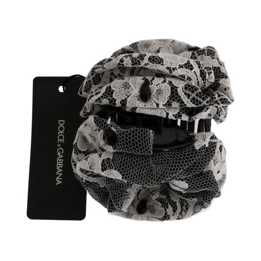 Dolce & Gabbana Elegant Black & White Floral Lace Crystal Hair Claw Dolce & Gabbana Dark Gray