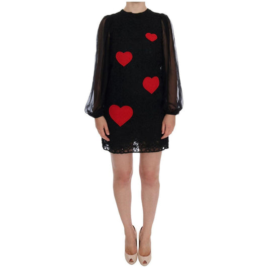 Dolce & Gabbana Elegant Black Lace Heart Applique Shift Dress Dolce & Gabbana Black