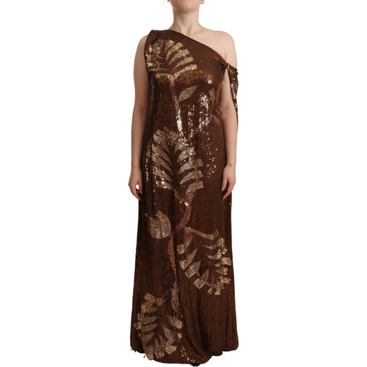 Dsquared² Brown Leaf Sequined Shift One Shoulder Long Dress Dsquared² Black
