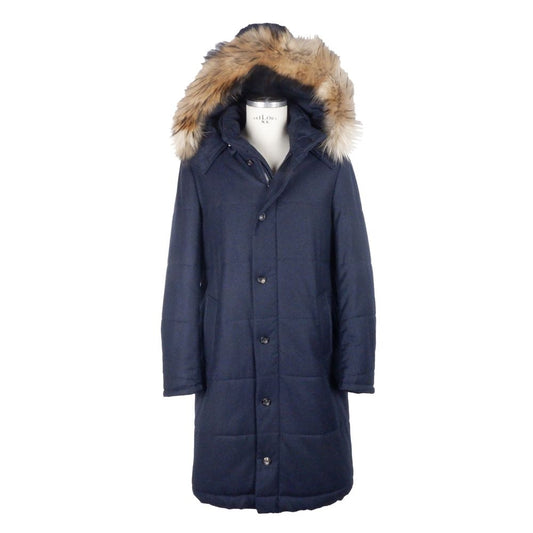 Made in Italy Blue Wool Men's Raincoat with fur hood, luxurious Loro Piana fabric for warmth and style