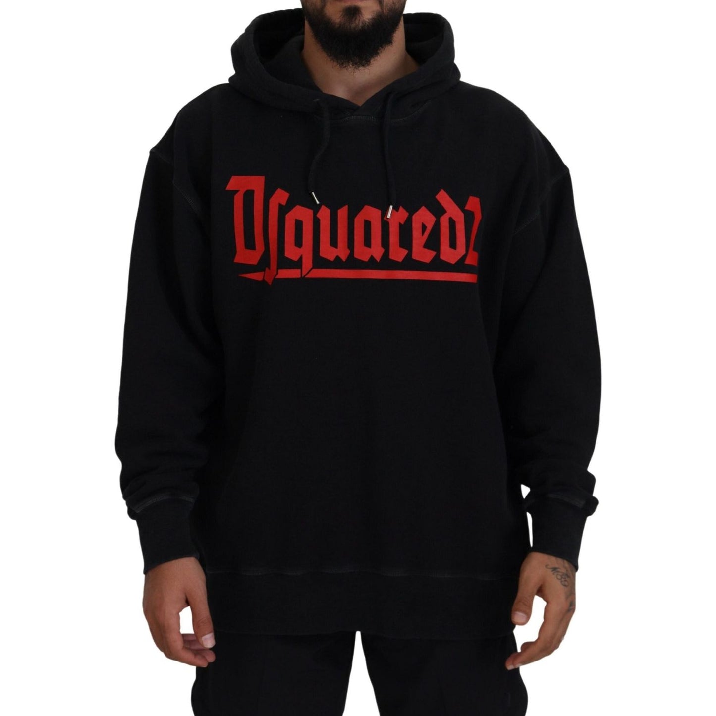 Dsquared² Black Cotton Hooded Printed Men Pullover Sweater1728,67345645728,Black,Clothing,Dsquared²,Hoodies - Sweaters - Clothing,IT48 | M,Material: 100% Cotton,Men,Preowned / Defect,Sweaters - Clothing,Sweaters - Men - Clothing