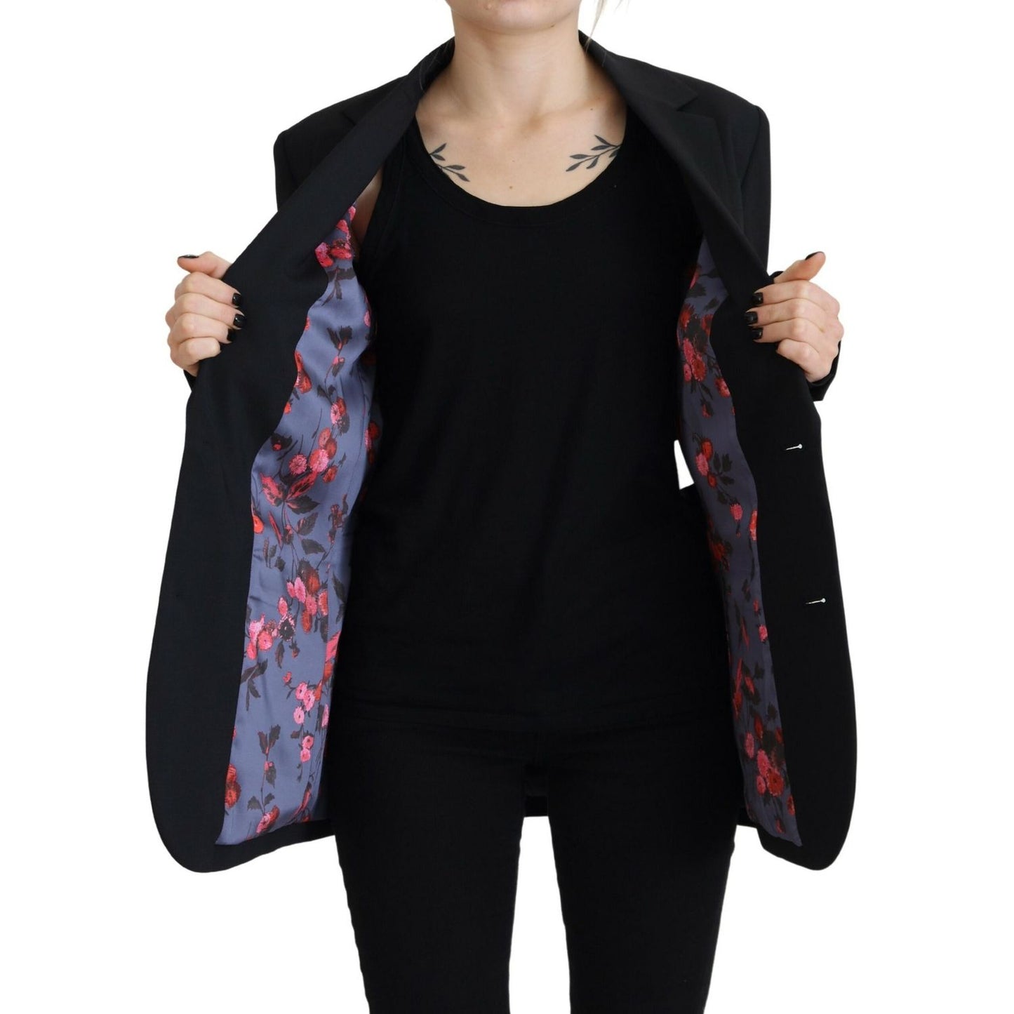 Dsquared² Black Flower Single Breasted Coat Blazer1728,67345645728,Black,Blazers - Suits & Blazers - Clothing,Clothing,Dsquared²,IT38 | XS,Jackets & Coats - Women - Clothing,Material: 54% Polyester 44% Virgin Wool 2% Elastane,Preowned / Defect,Suits & Bla