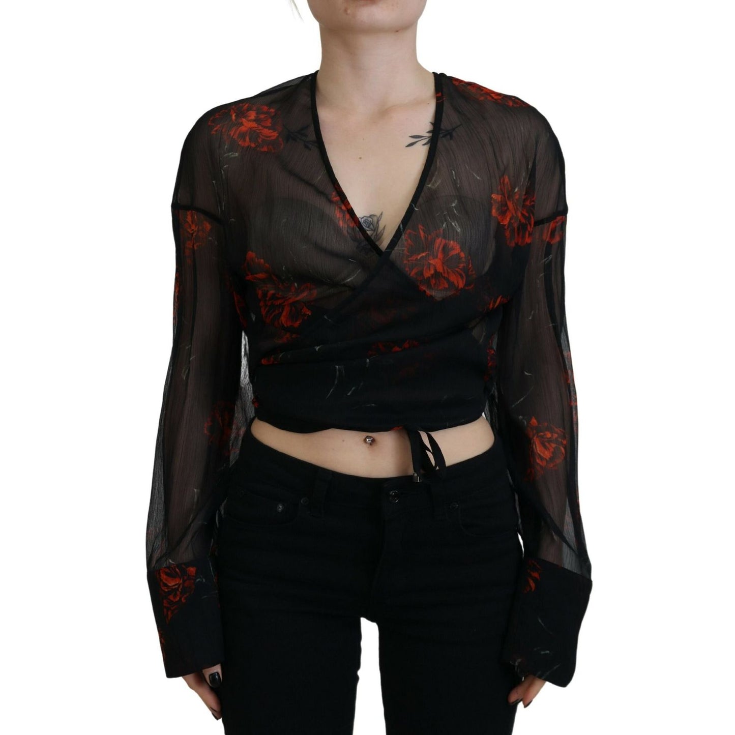 Dsquared² Black Floral Print Cropped Wrap Long Sleeves Top