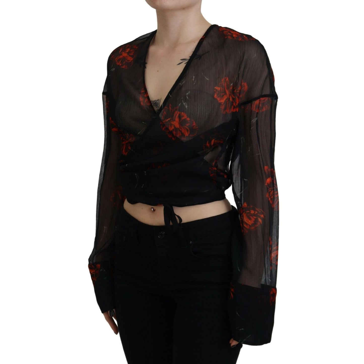Dsquared² Black Floral Print Cropped Wrap Long Sleeves Top