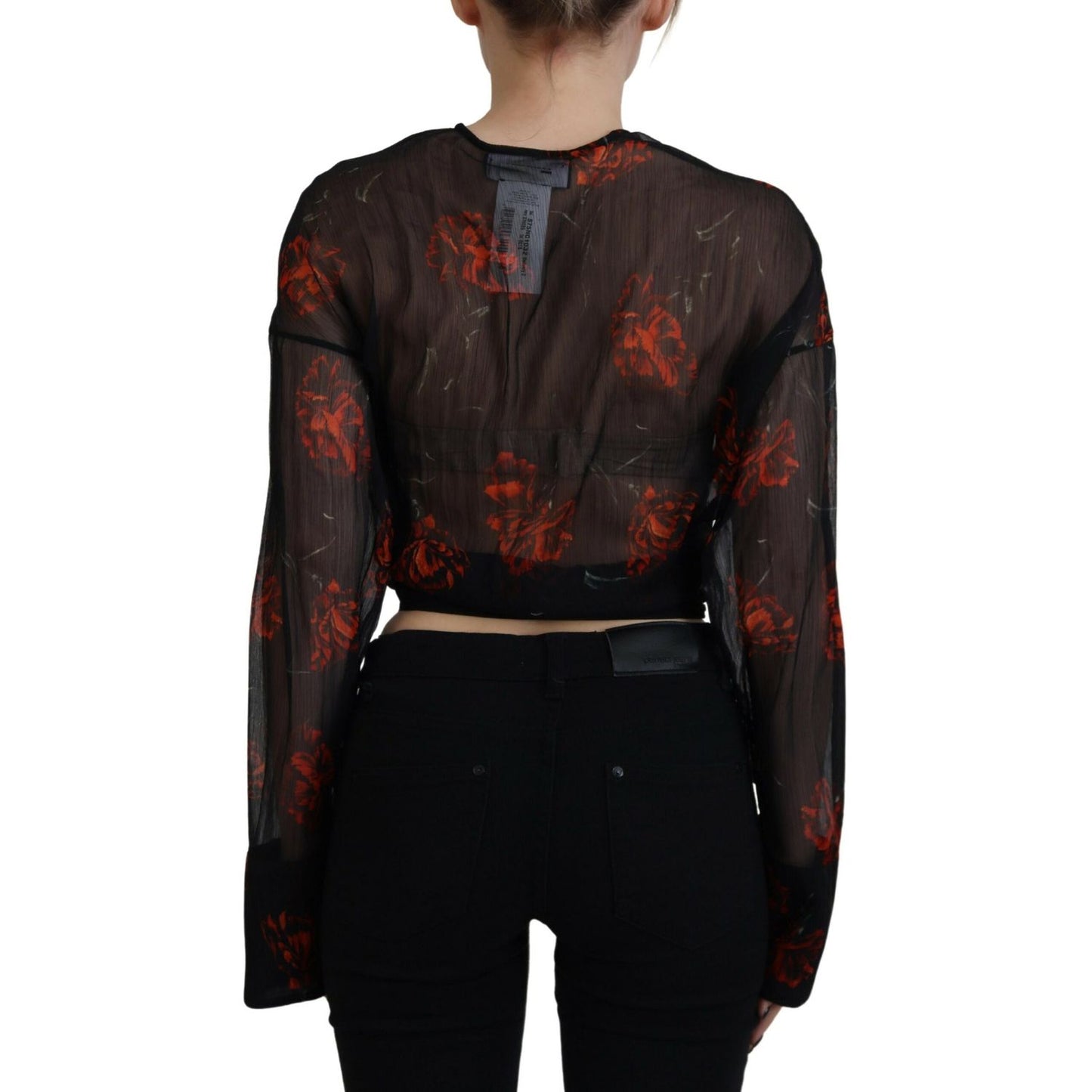 Dsquared² Black Floral Print Cropped Wrap Long Sleeves Top