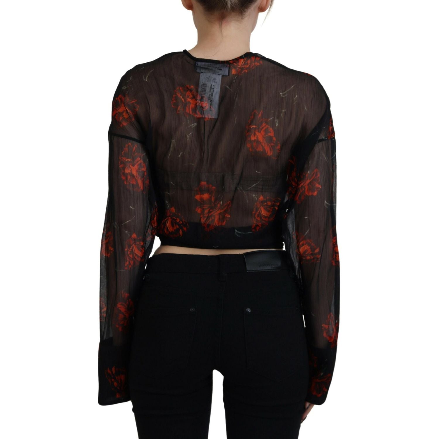 Dsquared² Black Floral Print Cropped Wrap Long Sleeves Top