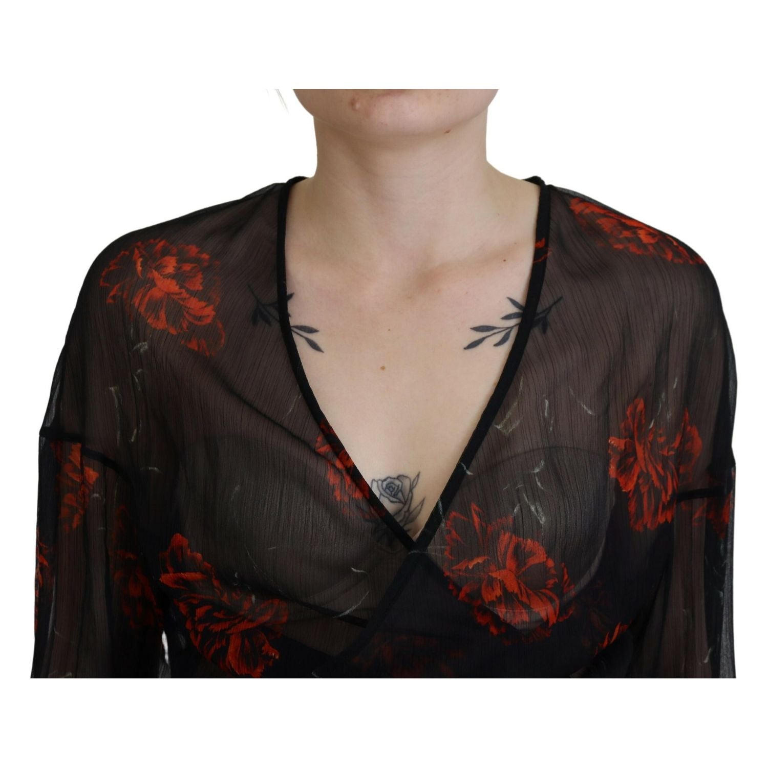 Dsquared² Black Floral Print Cropped Wrap Long Sleeves Top