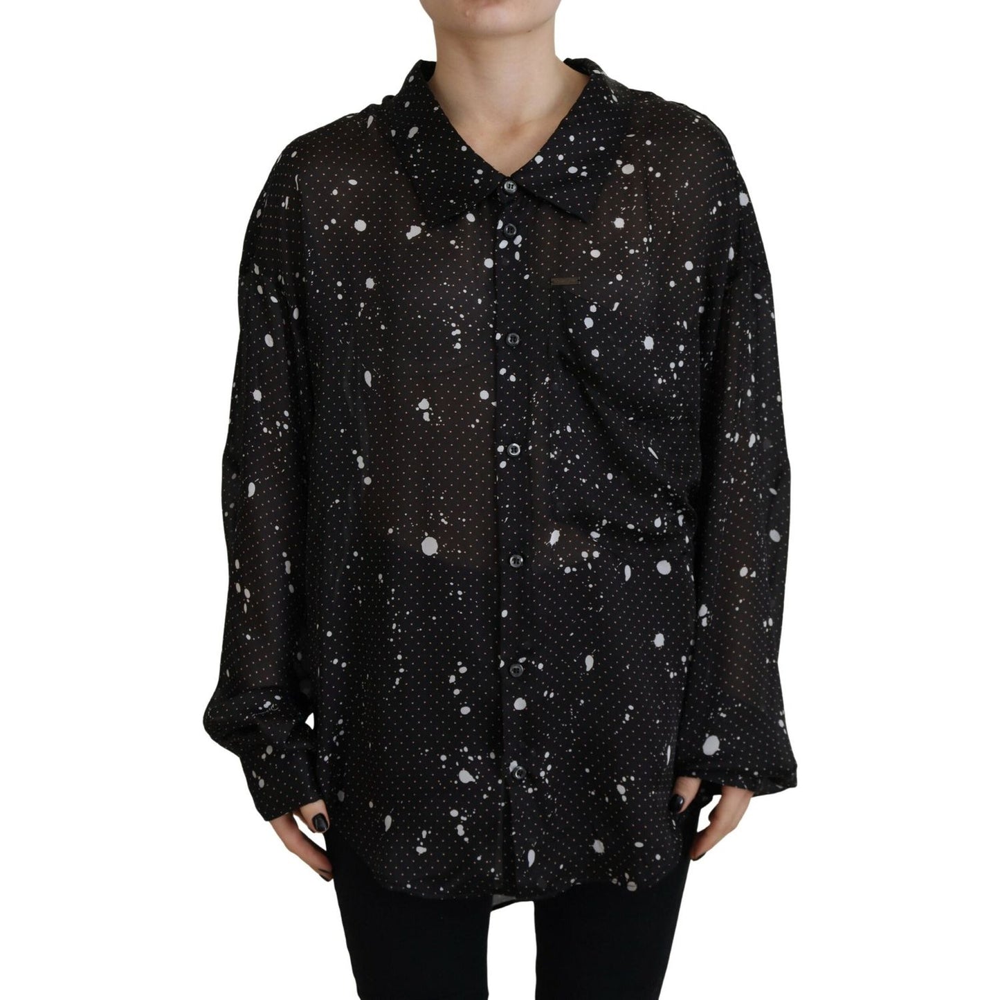 Dsquared² Black Polka Dots Collared Button Down Blouse Top1728,67345645728,Black,Clothing,Dsquared²,IT38 | XS,Long Sleeve - T-Shirts - Clothing,Material: 100% Polyester,Preowned / Defect,T-Shirts - Clothing,Tops & T-Shirts - Women - Clothing,Women