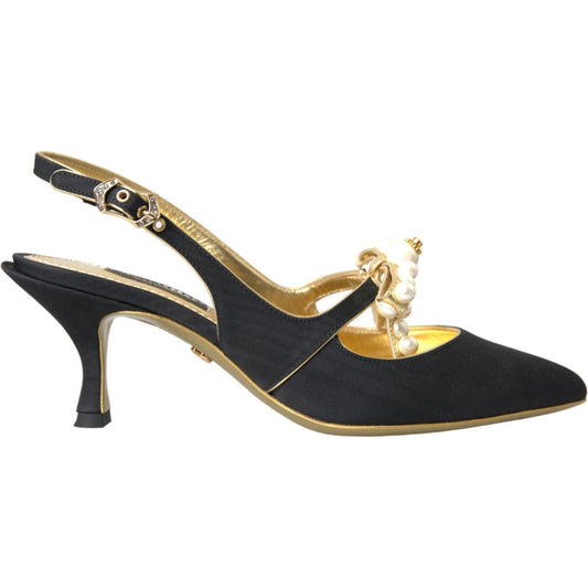 Dolce & Gabbana Black Leather Faux Pearls Slingbacks Shoes Dolce & Gabbana Tan