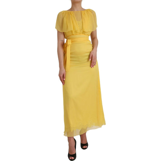 Dolce & Gabbana Yellow Silk Sheath Belted Long Maxi Dress Dolce & Gabbana Dark Khaki