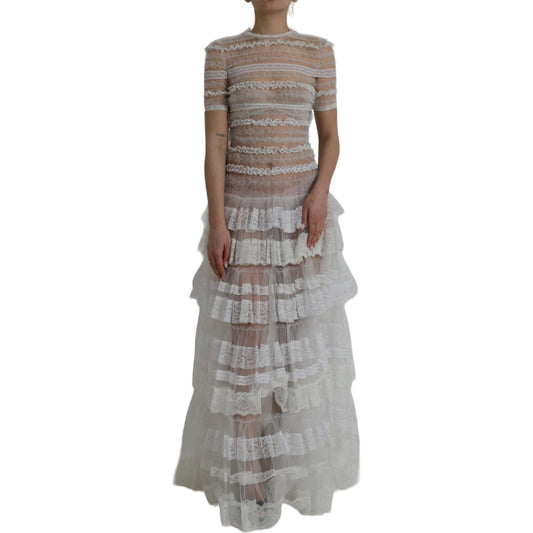 Dolce & Gabbana White Nylon Sheer Tiered Lace Maxi Dress Dolce & Gabbana Light Slate Gray