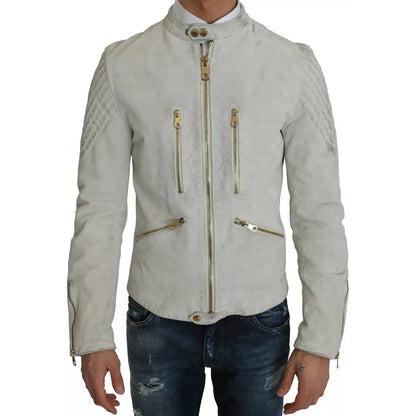 Dolce & Gabbana Leather White Biker Motorcycle Jacket100% leather lambskin,1728,67345645728,Biker Jackets - Jackets & Coats - Clothing,Clothing,Dolce & Gabbana,IT48 | M,Jackets & Coats - Clothing,Jackets - Men - Clothing,Leather Jackets - Jackets & Coats
