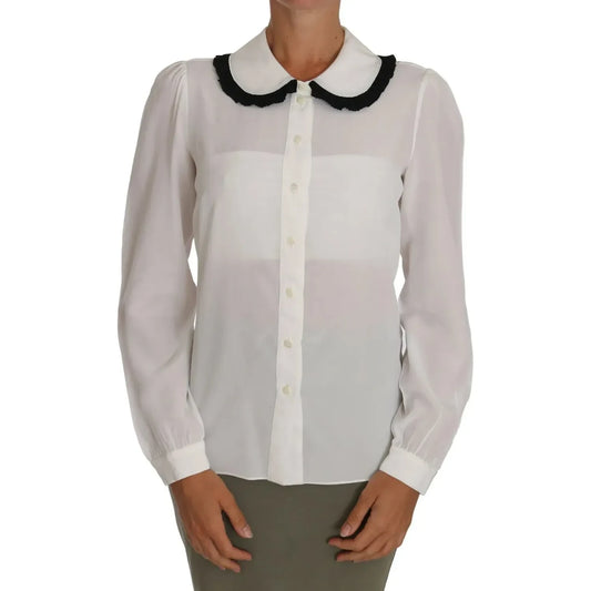 Dolce & Gabbana White Silk Shirt Ruffle Rouded Collar Blouse Dolce & Gabbana Gray