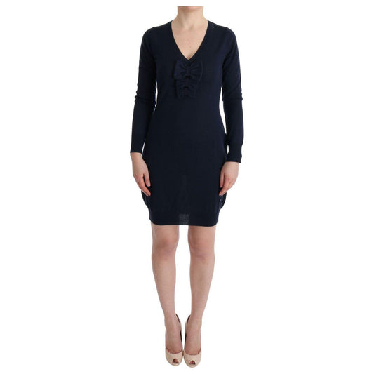 MARGHI LO' Elegant Over Knee Blue Wool Dress MARGHI LO' Black