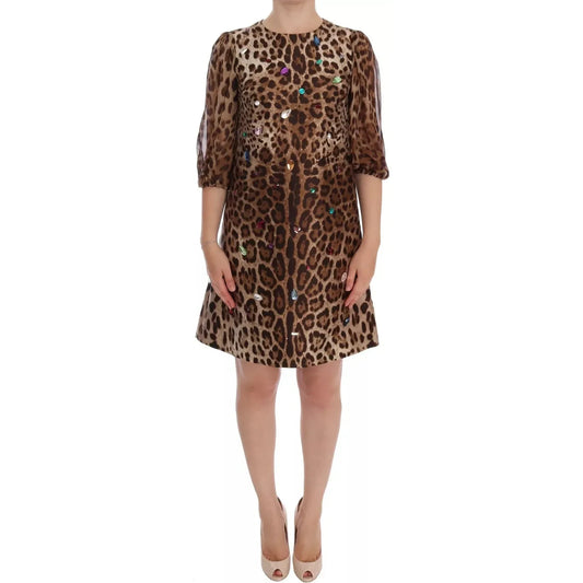 Dolce & Gabbana Leopard Silk Wool Crystal Shift Dress Dolce & Gabbana Dim Gray