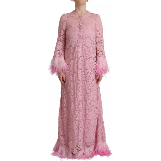 Dolce & Gabbana Shift Lilac Lace Feathers Long Sleeves Dress Dolce & Gabbana Rosy Brown