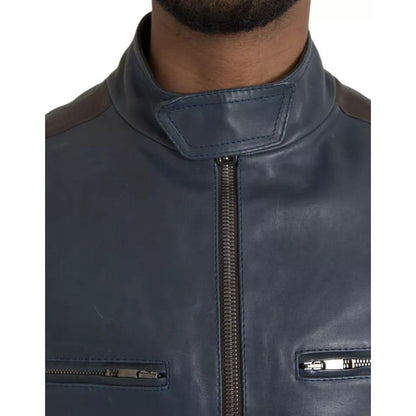 Dolce & Gabbana Blue Leather Full Zip Biker Blouson Jacket